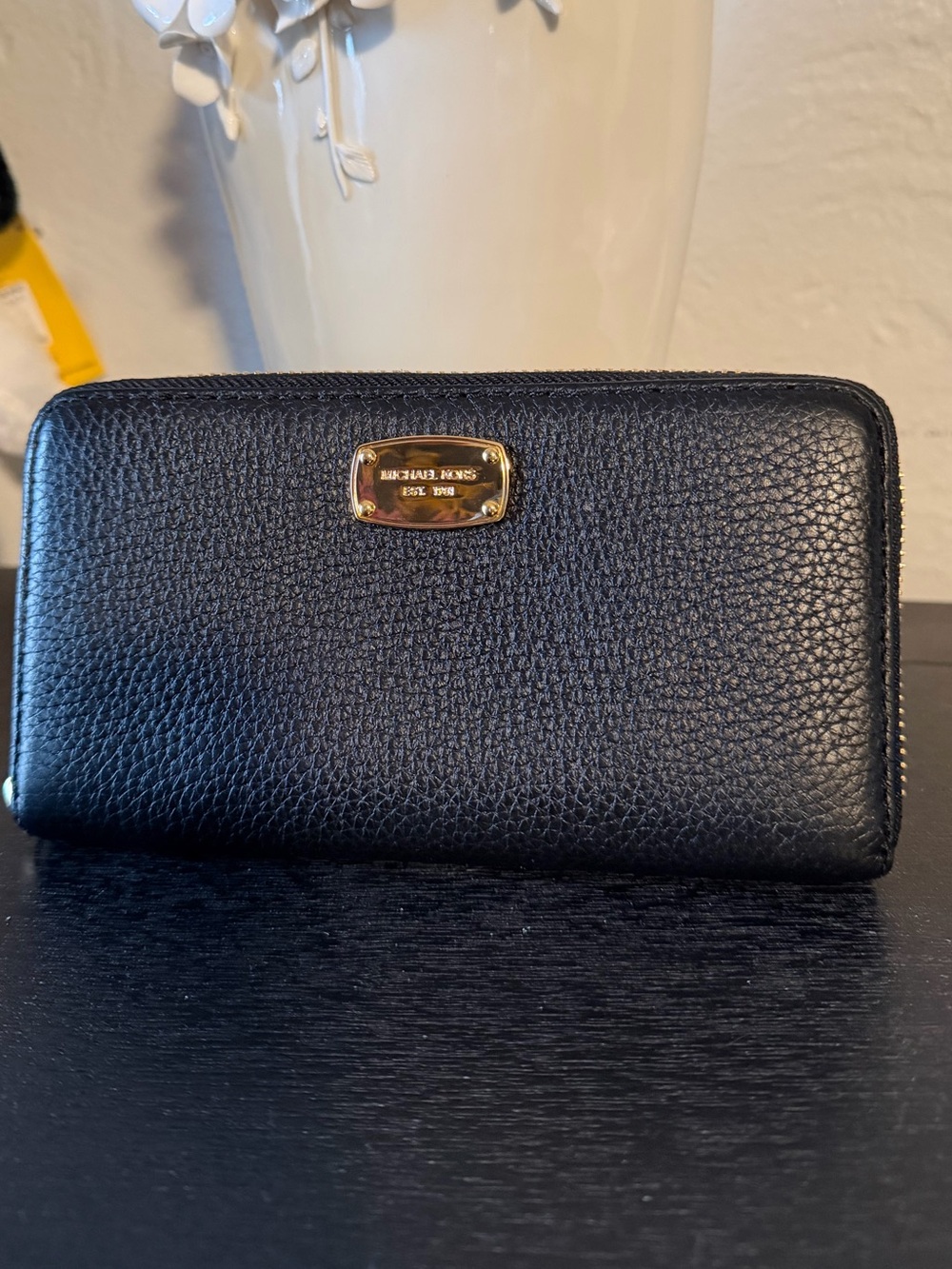 Michael Kors Black Pebbled Leather Zip-Around Wallet with Gold Plate